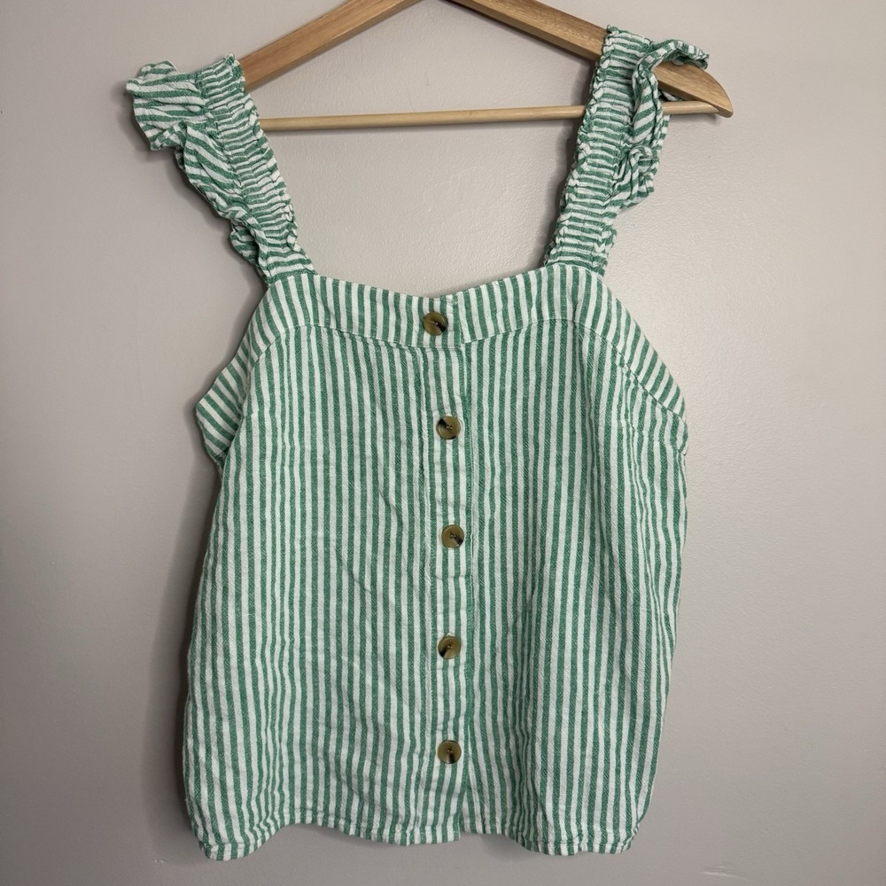 J. Crew Green/White linen ruffle button‎ front tank womens size M